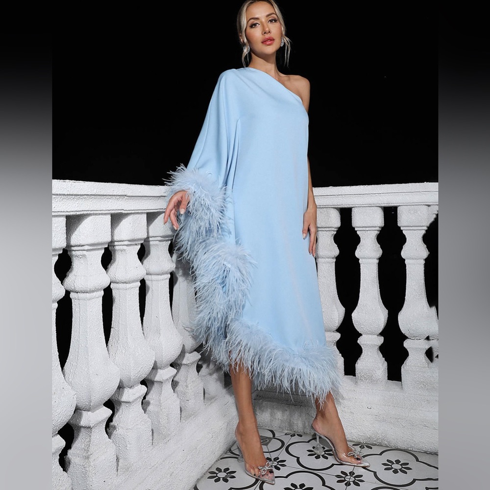 Mews Mews Ceridwen One Shoulder Feather Trimmed Maxi Dress In Blue